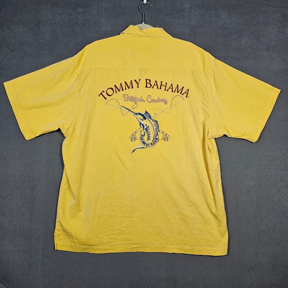 Tommy Bahama Button Up Shirt Mens XL Yellow Billfish Cowboy Silk Embroidery